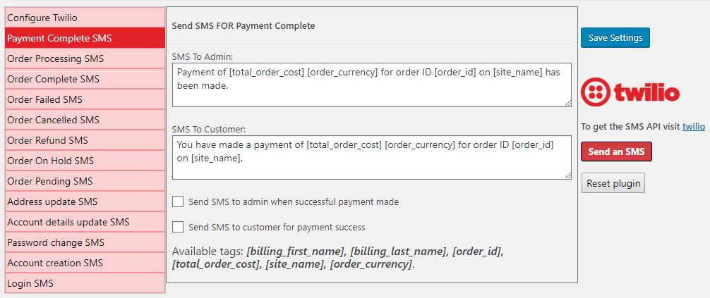 Twilio WooCommerce SMS Options