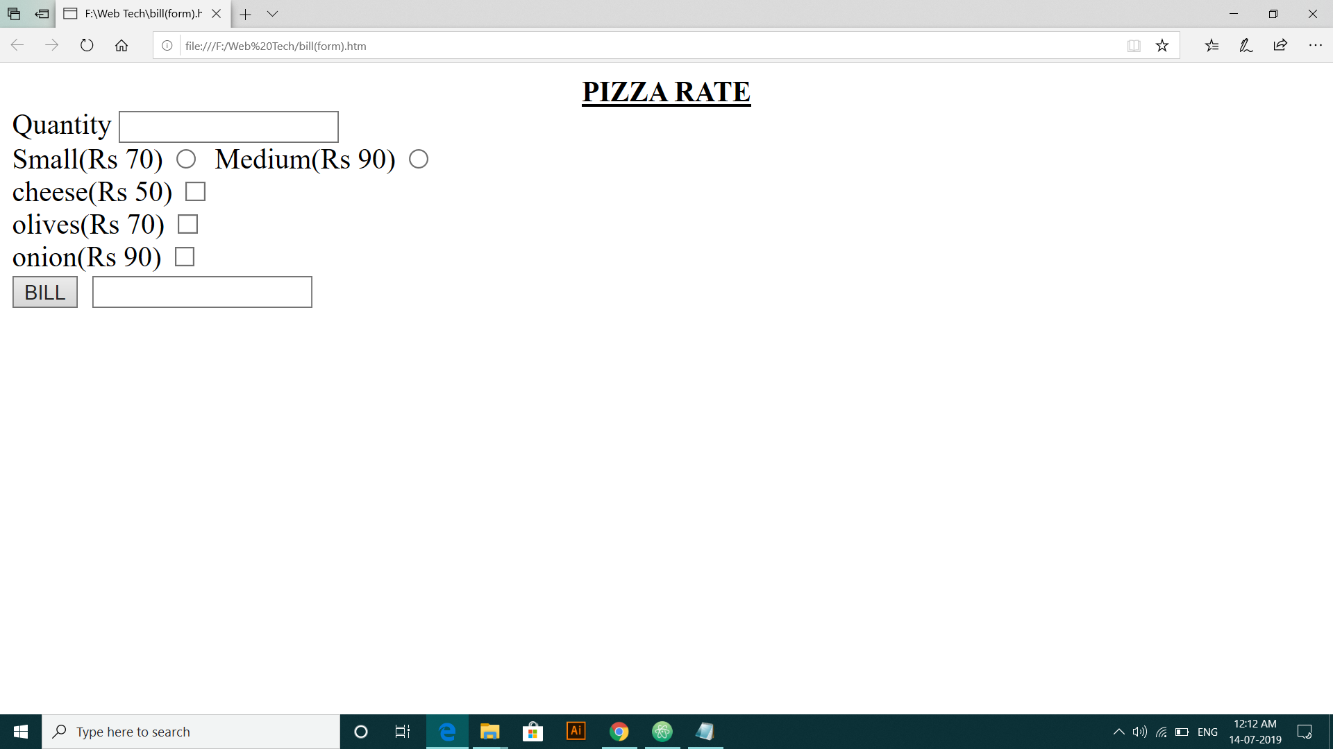 billing system for pizza bill in JavaScript