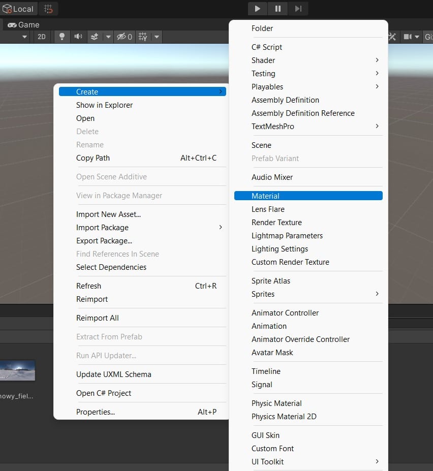 new material menu unity3d
