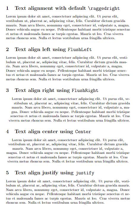 Text alignment with ragged2e package environment.