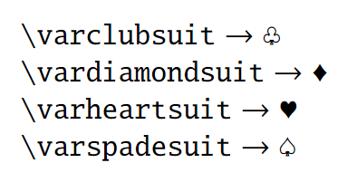  clubs, diamonds, hearts, and spades symbol with txfonts packages.