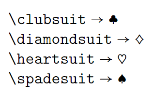  clubs, diamonds, hearts, and spades symbol with MnSymbol packages.