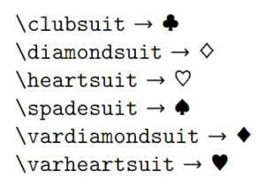 Club (♣), Diamond (♦), Heart (♥), and Spade (♠) in LaTeX - CodeSpeedy