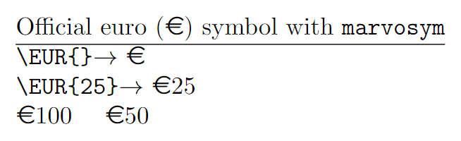 official euro symbol with amount using marvosym packlage.