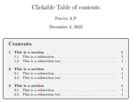 clickable table of contents with color box.