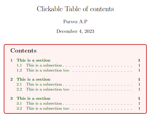 clickable table of contents with custom color box.
