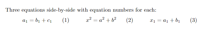 Three equations side-by-side with equation numbers for each.
