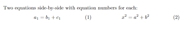Two equations side-by-side with equation numbers for each.