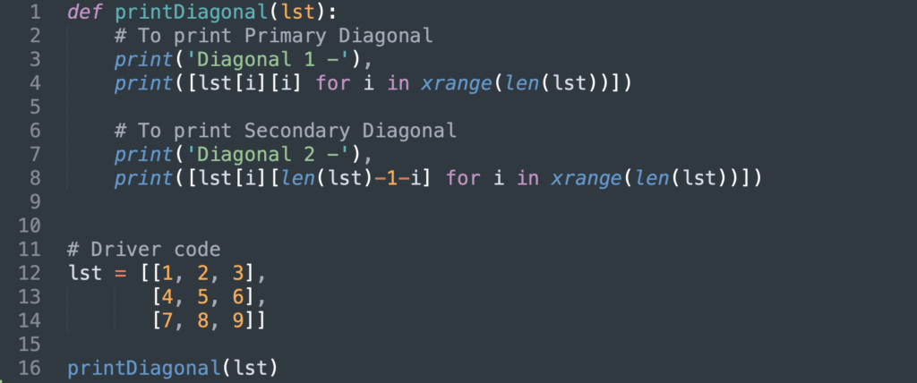 Print the Diagonals of a 2d list in Python - CodeSpeedy